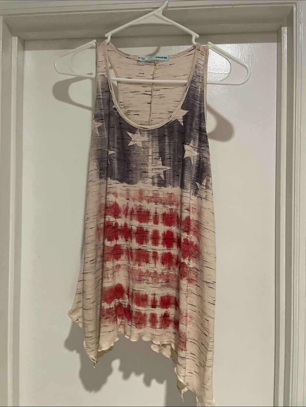 Maurices Cream Tank Top with Distressed Red & Blue Flag Print